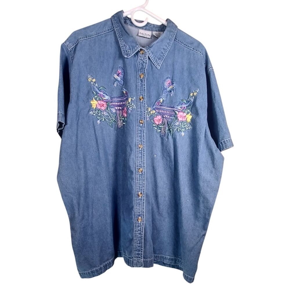 Bobbie Brooks Vintage 90s Embroidered Denim Shirt Women's Plus Size 26W Floral - Picture 3 of 8